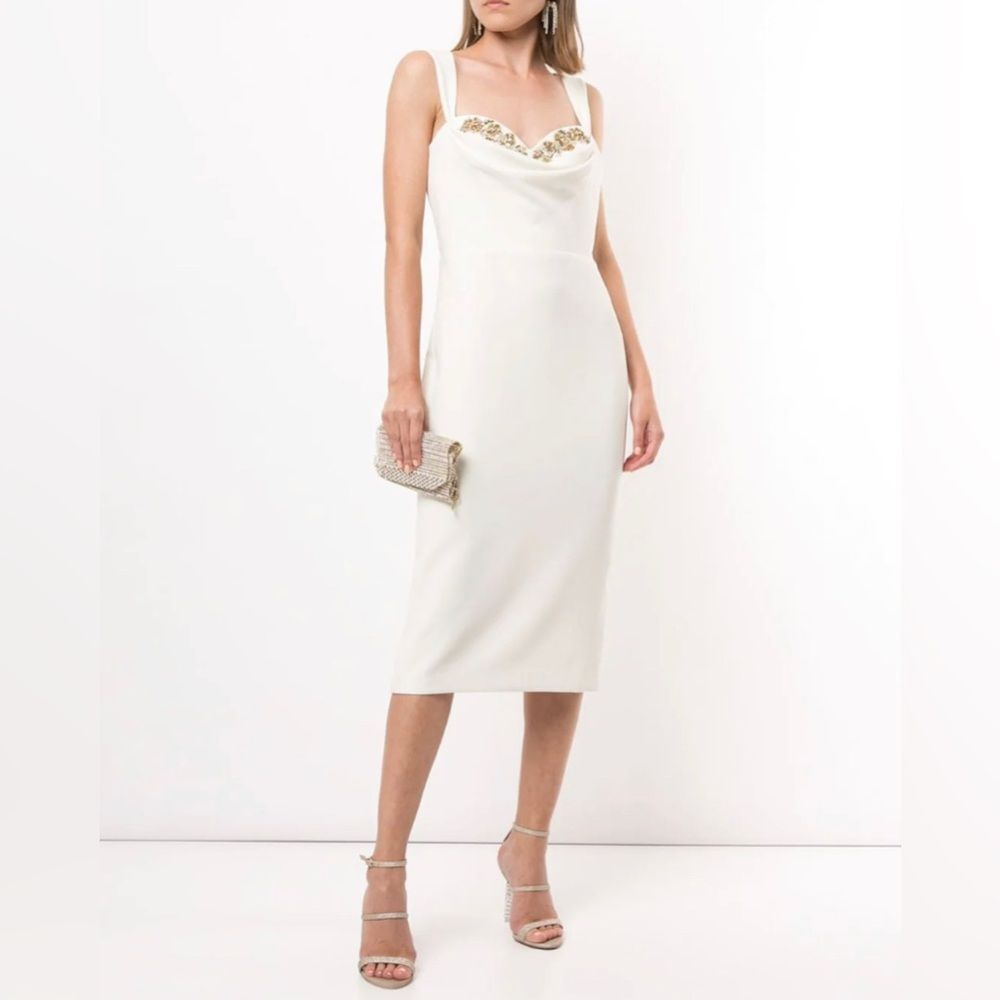 Marchesa Notte Crystal Embellished Cowl Neck Cocktail Dress Ivory size 0